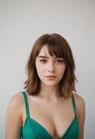 Woman wearing casual dress with attractive figure and beautiful face photo