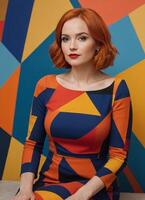 hotography of a woman in a colorful abstract pattern dress with red hair in front of a colorful wall photo
