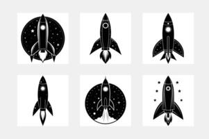 Rocket icon set. Space craft silhouette, black vehicle, future project and startup, flat style cartoon illustration isolated set vector