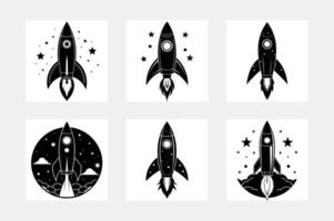 Rocket icon set. Space craft silhouette, black vehicle, future project and startup, flat style cartoon illustration isolated set vector