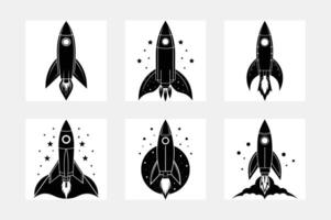 Rocket icon set. Space craft silhouette, black vehicle, future project and startup, flat style cartoon illustration isolated set vector