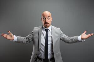 Portrait Man in a gray suit with surprised expression, arms open in a questioning gesture stands against a plain background, Man holding his arms open photo
