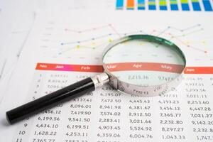 Magnifying glass on spreadsheet and graph paper. Financial development, Banking Account, Statistic, Investment Analytic research data economy, Business. photo