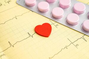 Electrocardiogram, ECG with red heart, heart wave, heart attack, cardiogram report. photo