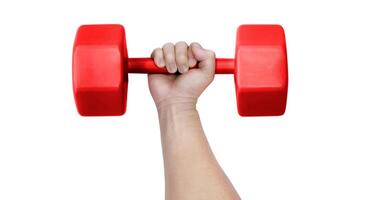Man holding dumbbells in hands isolated on white background. photo