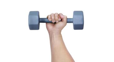 Man holding dumbbells in hands isolated on white background. photo