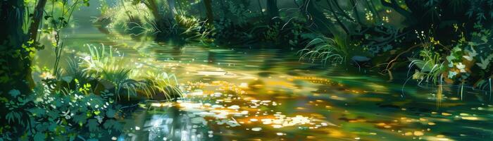 A stream of water flows through a lush green forest photo