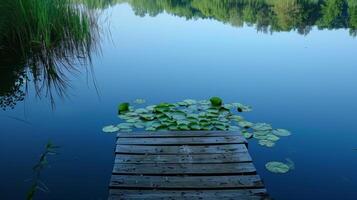 A wooden dock sits in a pond with lily pads floating on the water photo