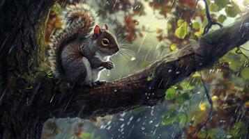 A squirrel is sitting on a tree branch in the rain photo