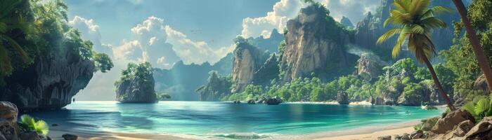 A beautiful beach with a clear blue ocean and palm trees in the background photo