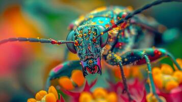 A colorful bug is sitting on a flower photo