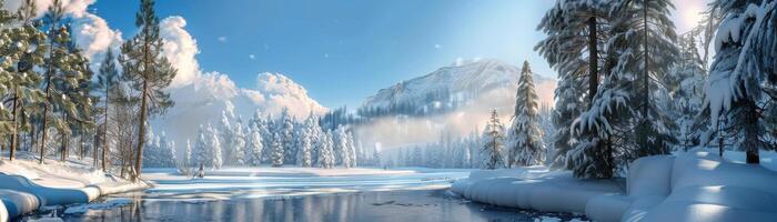 A snowy landscape with a river and trees photo