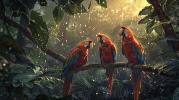 Three parrots are perched on a branch in a lush green forest photo