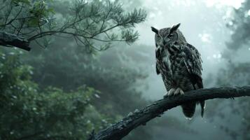 A large owl is perched on a tree branch in a forest photo