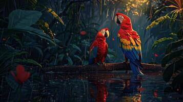 A group of colorful parrots are perched on a tree branch photo