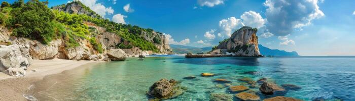 A beautiful beach with a clear blue ocean and palm trees in the background photo