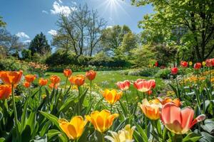 A walkway in a garden with a variety of flowers, including tulips and daffodils photo