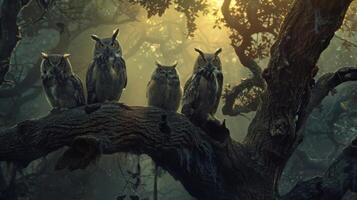 A group of owls are sitting on a tree branch in the woods photo