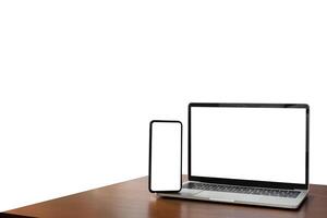 Smartphone, laptop, lying on the table isolated white background for use Business, education. A blank white screen photo