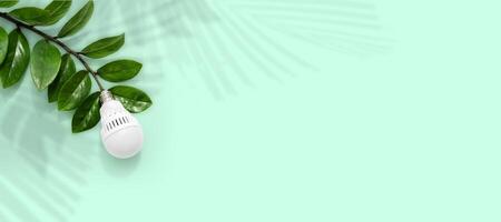 LED light bulb on a background of green leaves, as a symbol of green energy, energy saving and environmental care. Isolated pastel green background. photo