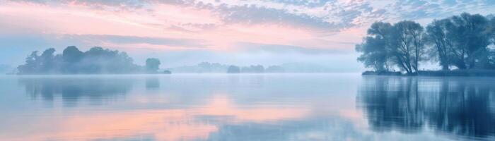 A calm lake with a sun reflecting on the water photo