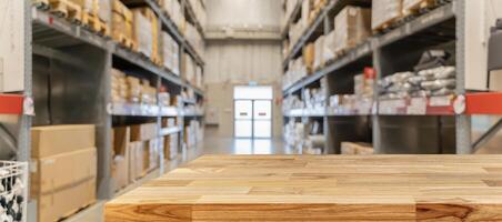 Wooden board empty table in front of blurred background. Perspective inside of warehouse with aisle pallet on high shelf can be used for display photo