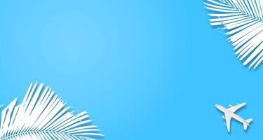 Coconut palm tree with airplane model plane on blue pastel background. Travel flat lay composition airplane on blue background with copy space photo