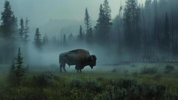 A buffalo is walking through a forest with foggy trees photo