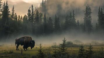 A buffalo is walking through a forest with foggy trees photo