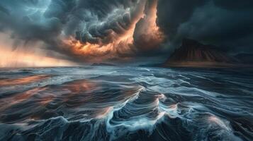 A stormy ocean with a large wave crashing against the shore photo
