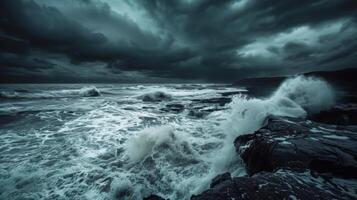 The ocean is rough and the waves are crashing against the rocks photo