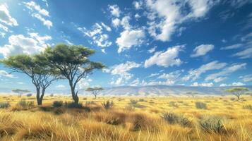 A vast, open plain with a few trees scattered throughout photo