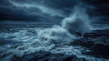 The ocean is rough and the waves are crashing against the rocks photo