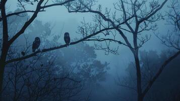 Two owls are perched on a tree branch in a foggy forest photo