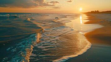 The ocean is calm and the sun is setting, creating a beautiful photo