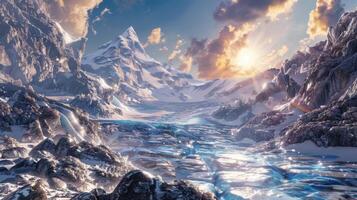 A mountain range with a river running through it photo