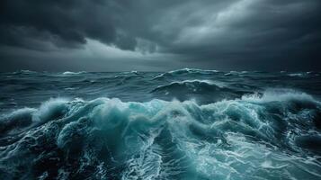 The ocean is rough and stormy, with dark clouds looming overhead photo