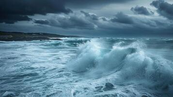 The ocean is rough and the sky is dark and cloudy photo