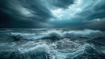 A large body of water with a stormy sky above it photo