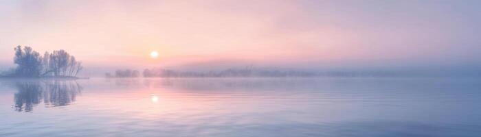 A calm lake with a sun reflecting on the water photo