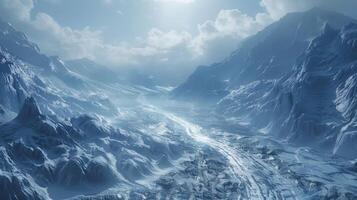 A desolate landscape with a long road in the middle of it photo