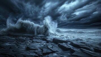 The ocean is rough and stormy, with dark clouds looming overhead photo