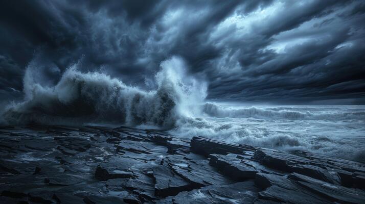 The ocean is rough and stormy, with dark clouds looming overhead