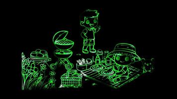 Glowing looping Father Day picnic. neon frame effect, black background. video