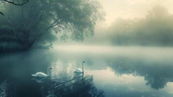 Two swans swimming in a lake with a foggy sky in the background photo