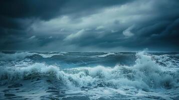 The ocean is rough and stormy, with dark clouds looming overhead photo