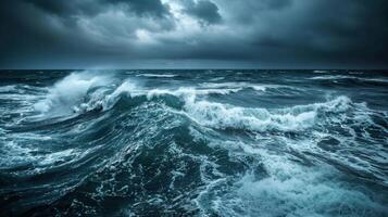 The ocean is rough and stormy, with dark clouds looming overhead photo