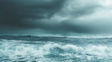 The ocean is rough and stormy, with dark clouds looming overhead photo