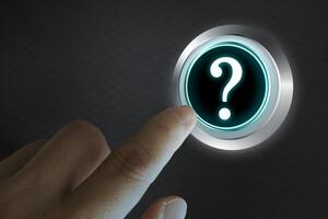 Male hand clicks on abstract virtual question mark sketch on blurred office background, FAQ and research concept. Double exposure photo