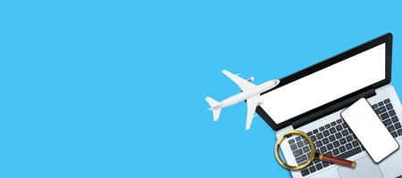 Smartphone with blank screen on color travel background. Travel and tourist apps. Flat lay composition of laptop and travel accessories, tourism. top view. photo
